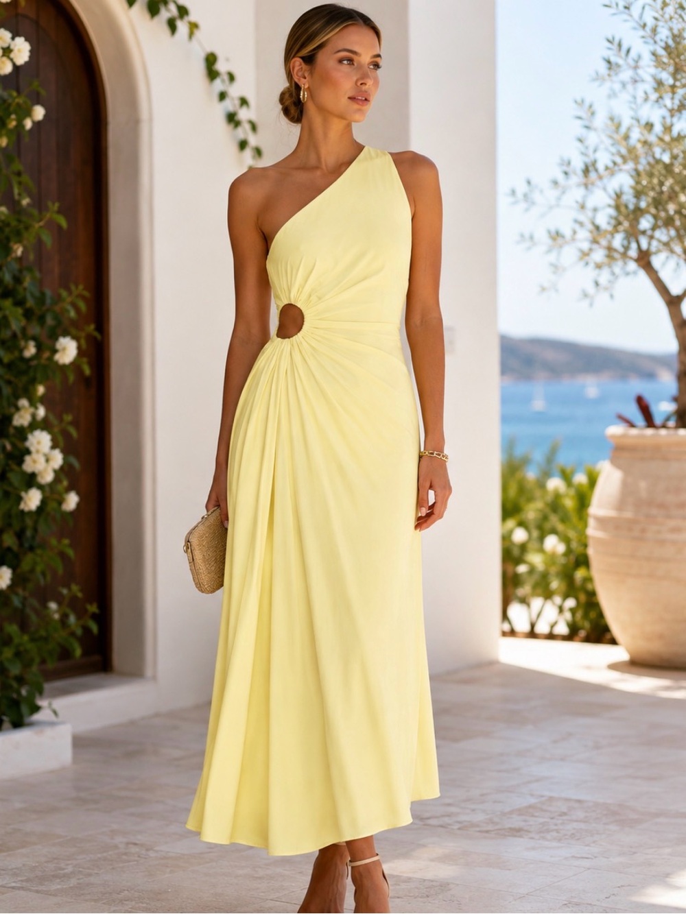 A.L.C. Yellow One Shoulder Cutout Pleated Midi Dress Faux Leather